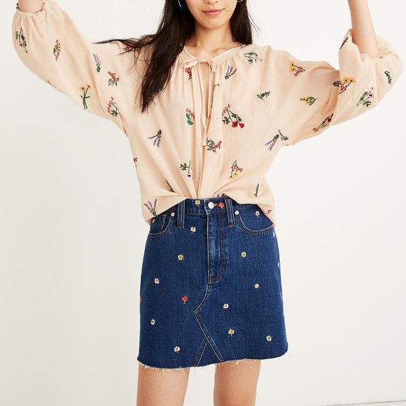 NWT Madewell Embroidered Floral Denim Mini Skirt – Spring & Summer Style - Picture 1 of 10